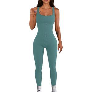 Women Blue One Piece Square Neck Yoga Ribbed Bodycon Leggings Romper